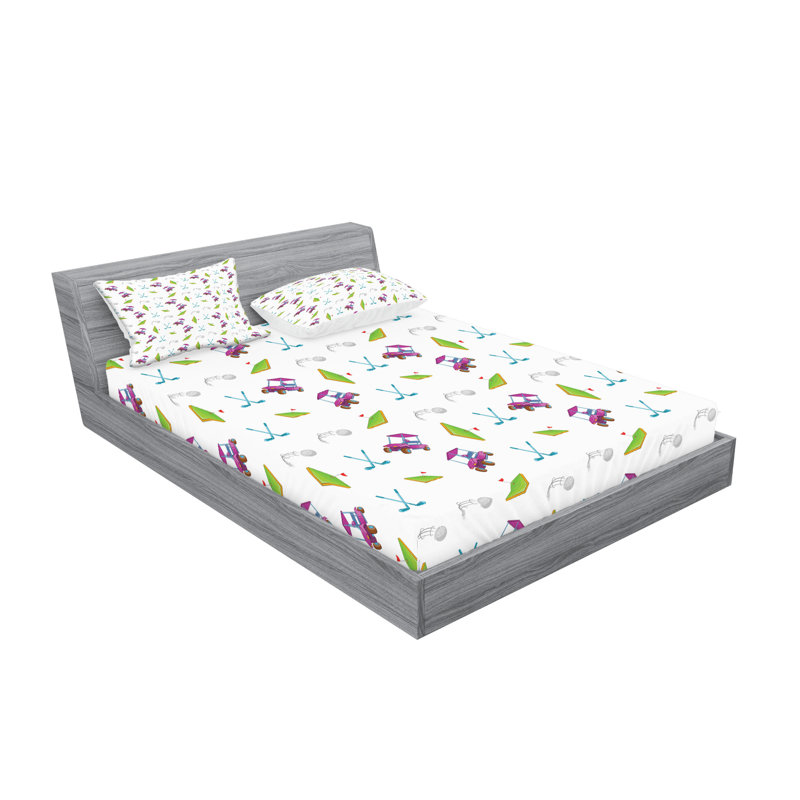 Ambesonne Golf Fitted Sheet & Pillow Sham  Set,  Lime Green Purple, Full Sheet Set with 4 Pillowcases