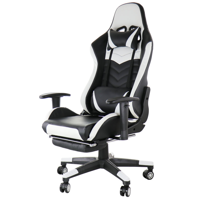 Inbox Zero Adjustable Reclining Ergonomic Faux Leather Swiveling PC & Racing Game Chair with Footrest, Black/White