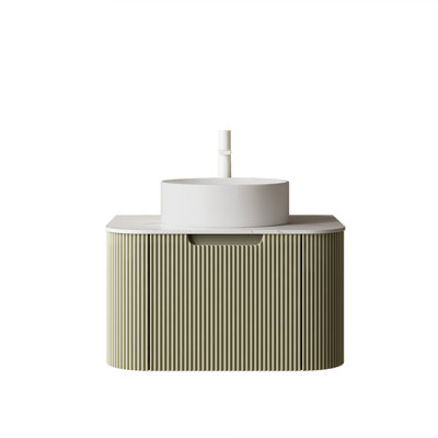 Dina 24" Bathroom Vanity&Sink, Floating Curved Edges Striped Bathroom Storage Plywood Cabinet With Drawer, White Round Ceramic Basin&Carrara White Sintered Stone Top, Pre-Assembled, Light Green Color