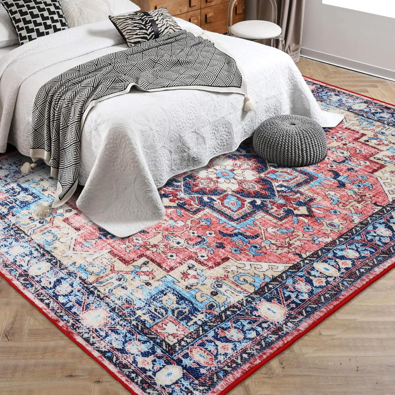 Boho Vintage Medallion Rug – Washable Floral Print, Low-Pile, Non-Slip Soft Carpet for Dining Room, Office, Bedroom