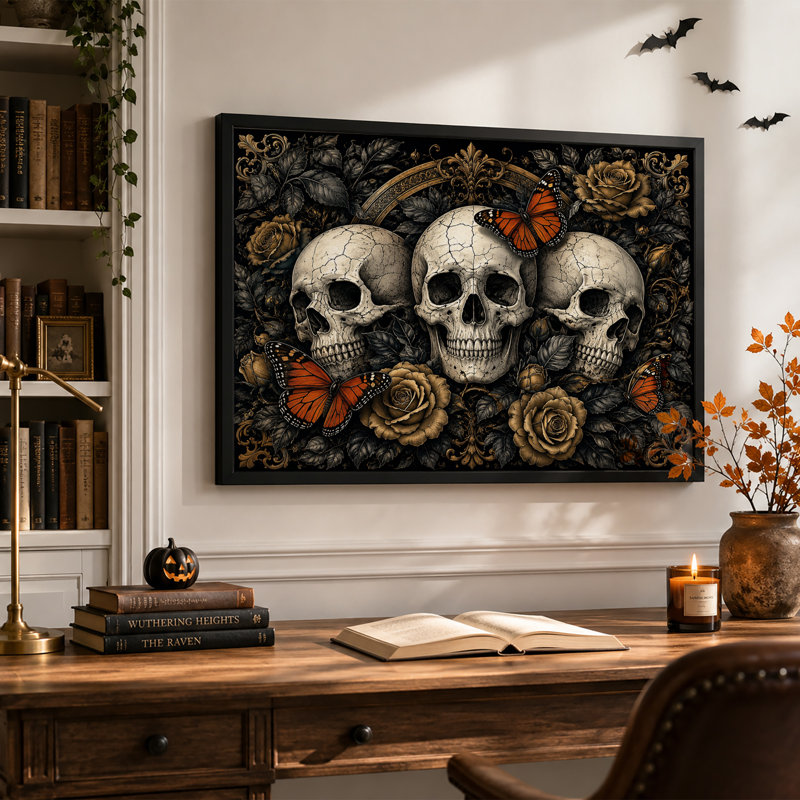 Trois crânes craquelés avec des roses dorées et une toile d'Halloween, H 16 po x l 24 po