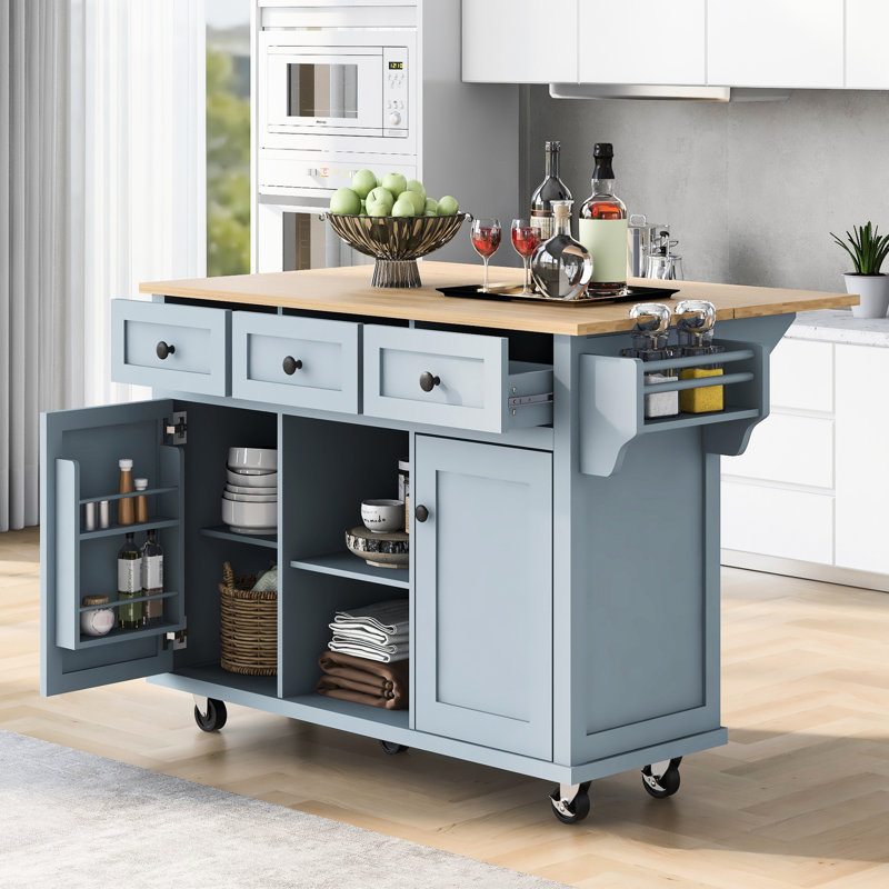Grey Blue Kitchen Island With Adjustable Internal Storage, 5 Wheels, Drop For Practical Living Removable Cabinet Feet & Drop, 3 Drawers