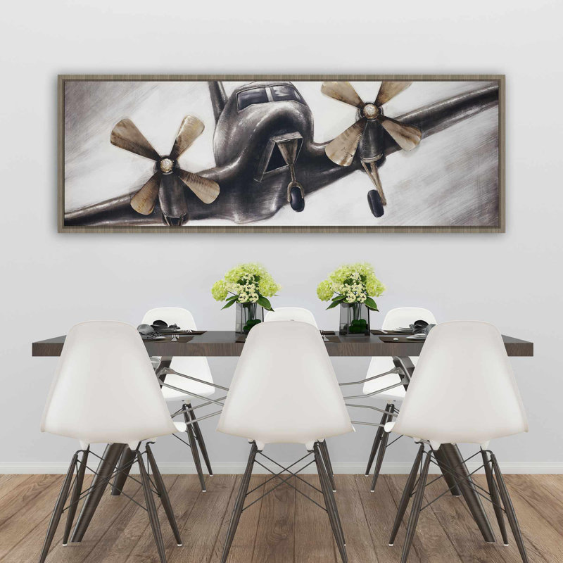 Avion rétro en vol | Décoration industrielle sur toile encadrée, H 21,25 po x l 61,25 po