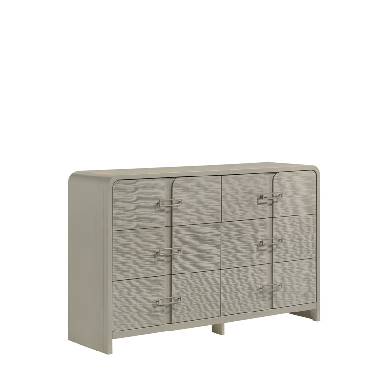 Commode 6 tiroirs Aria Modern avec façade texturée, poignées en métal et système de roulement à billes en beige