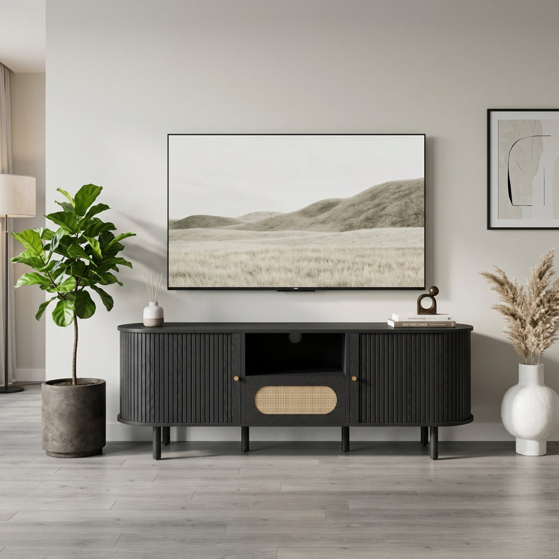 Tv Console With Adjustable Shelves And Sliding Door, 22.4"H x 70.1"L x 22.4"W, Black