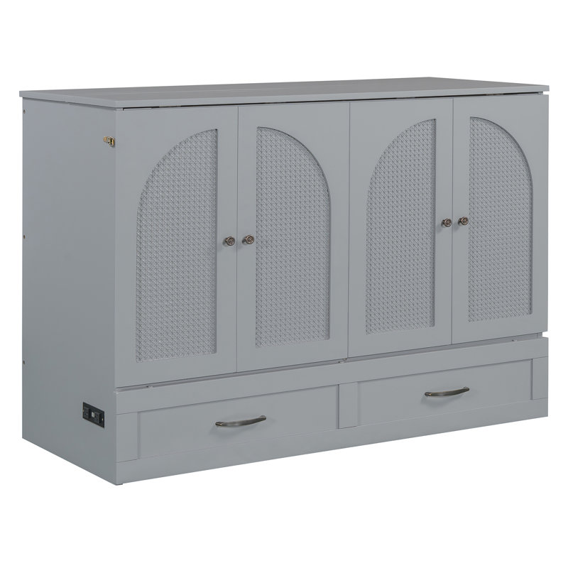 Lit escamotable double avec grands tiroirs, gris - 75,1 po x 56,7 po x 41,3 po - Bois - Lit escamotable - gris - avec armoire et tiroirs