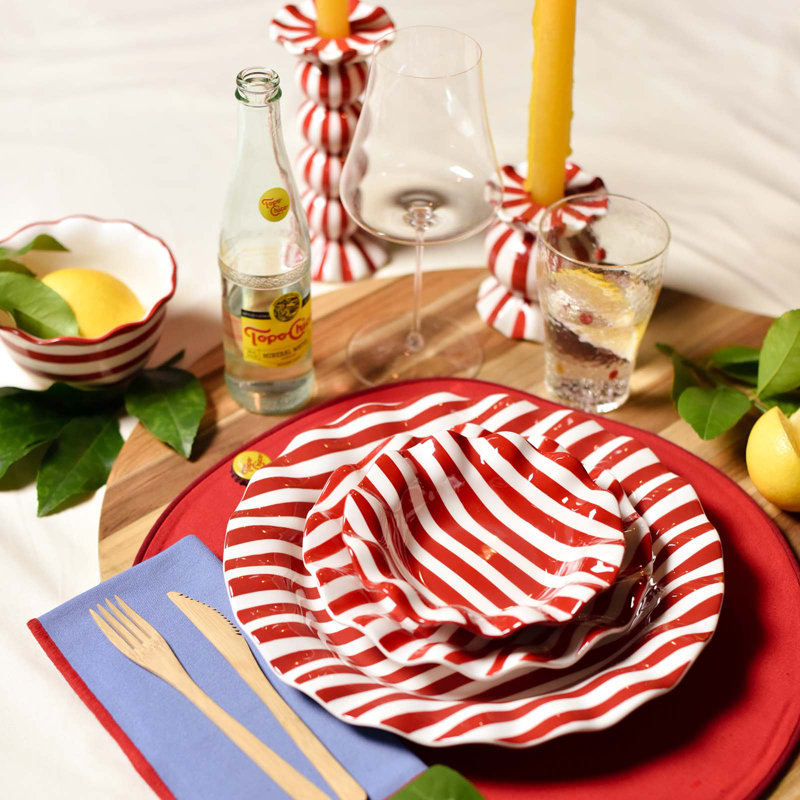 Red Stripe Ruffle Round Platter
