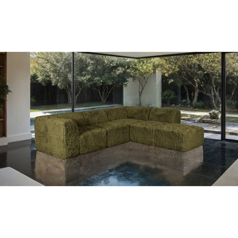 Canapé modulaire en L Kyron 5 pièces, Fausse fourrure vert olive