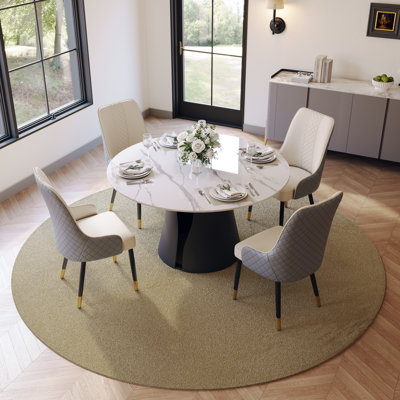  Ensemble de salle à manger 5 pièces, salle à manger ronde pré-assemblée, ensemble de table de salle à manger en pierre frittée brillante avec chaises rembourrées en polyuréthane