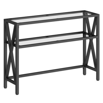 39.4" Glass Console Table with 2 Open Storage Shelves and X-Shaped Frame