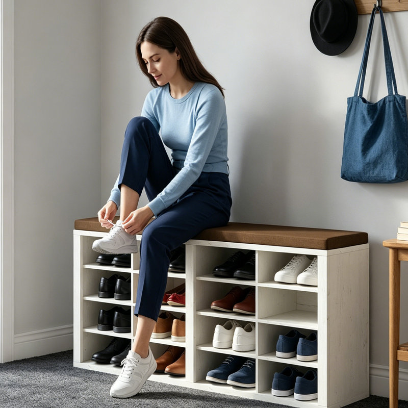 Shoe Storage Bench – Entryway Bench With Storage For Hallway, Brown/White