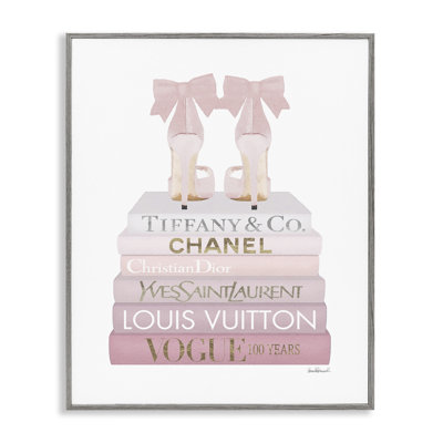 Chic Pink Bow Shoes Glam Fashion Bookstack Gray Farmhouse Rustic Framed Giclee Texturized Art by Amanda Greenwood
