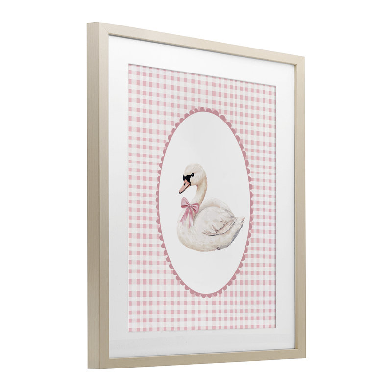 Reproduction encadrée sous verre à motif de cygne doux sur fond de carreaux roses, par Christine Simpson Art