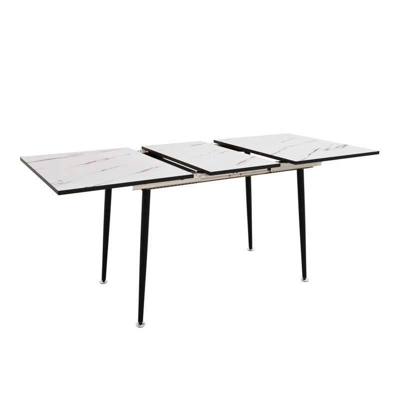 47" - 63" Dining Table, , White Marble Pattern, Black Metal Legs, Creates A Comfortable Atmosphere Modern Industrial Expandable To 63", Texture, For Relaxed