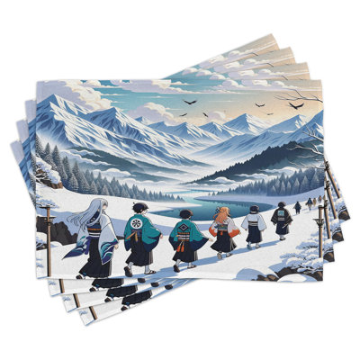 Ambesonne Anime Place Mats Set of 4 Walking on a Snowy Path Scene Standard Blue Teal White -  ser_sd1392