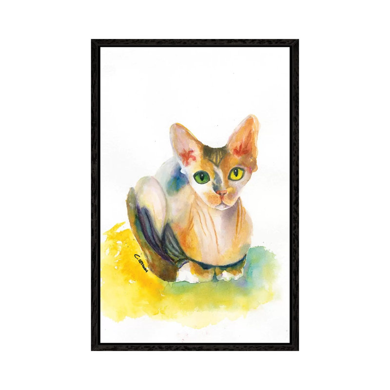 Sphynx on Yellow Pillow 1 Piece Painting on Canvas, 45.72cm H x 66.04cm W x 3.81cm D, Black Framed