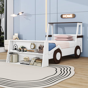 Lit double en bois en forme de voiture avec étagères de rangement pour enfants