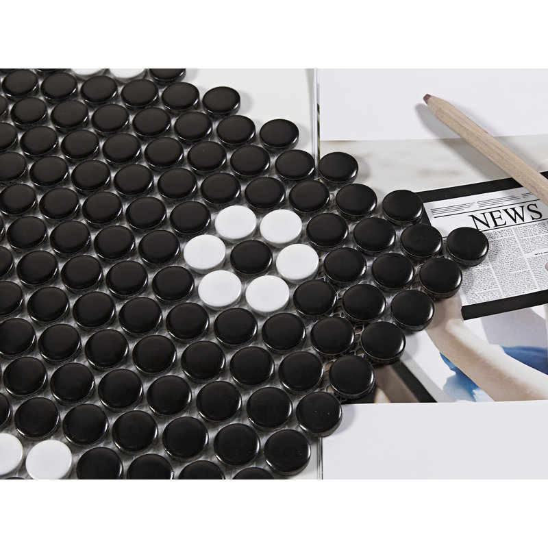 Carreau de mosaïque rond 0,8 po, Noir et fleur blanches