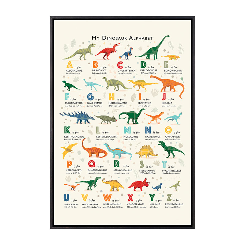 Dinosaur Alphabet - impression d'art graphique, Toile avec cadre noir patiné, H 40 po x l 26 po x P 1,5 po, Pas de tapis
