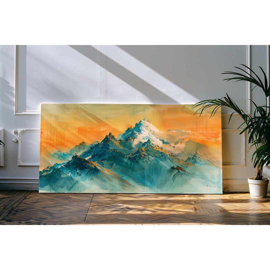 Gerahmtes Bild auf Leinwand 120x60cm Bergkette Gebirge Berge Berggipfel Kunstvoll Sonnenuntergang