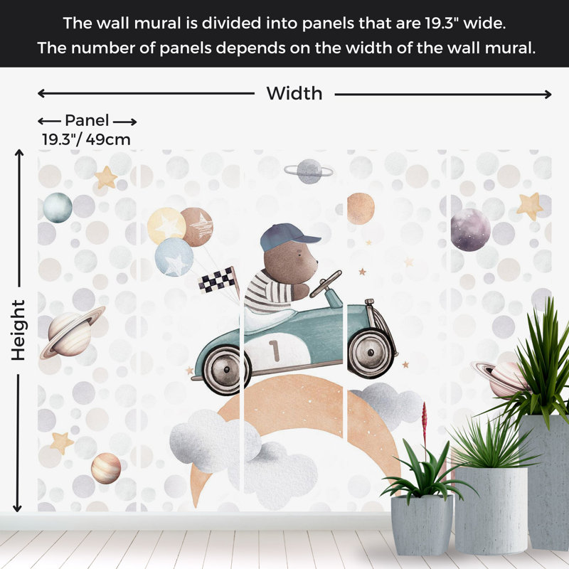 Peel & Stick Kids Wall Mural - Teddy Bear In A Racing Car, 57" W x 41" L