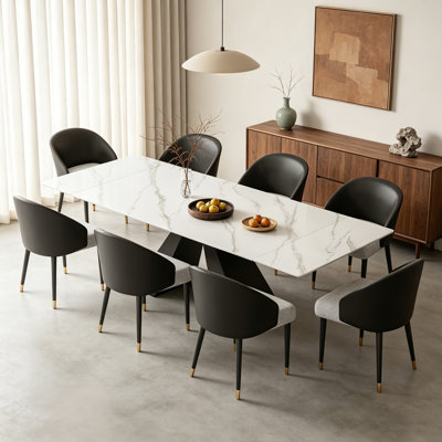 9-Piece Faux Marble Dining Set, Featuring A 110-Inch Rectangular Extendable Faux Marble Tabletop And 8 Leather Chairs