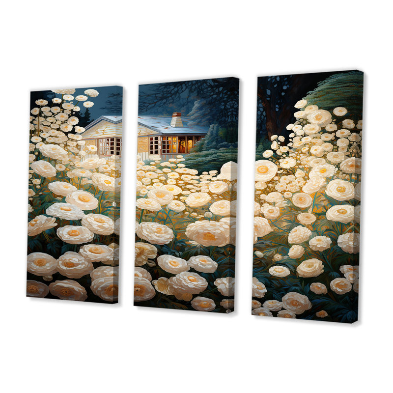 «White Blossoming Flowers Country House», ensemble de décorations murales paysage, Toile tendue, H 40 po x l 60 po x P 1 po
