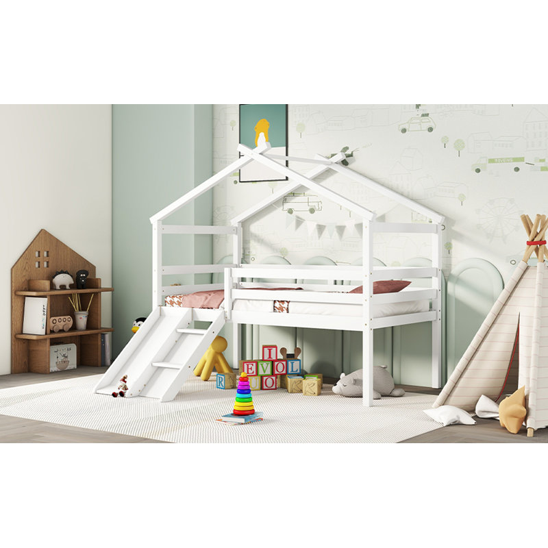 Lit simple mezzanine bas avec glissade, échelle, barrières de sécurité, Blanc