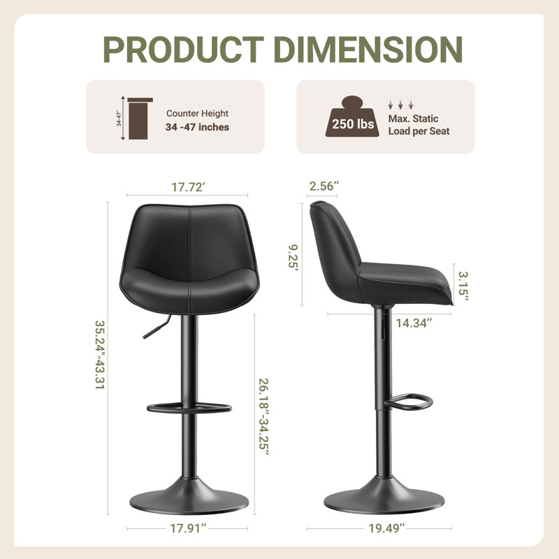 Modern Upholstered Faux Leather Swivel Adjustable Height Bar Stools Bar Stools with Footrest (Set of 4), Black