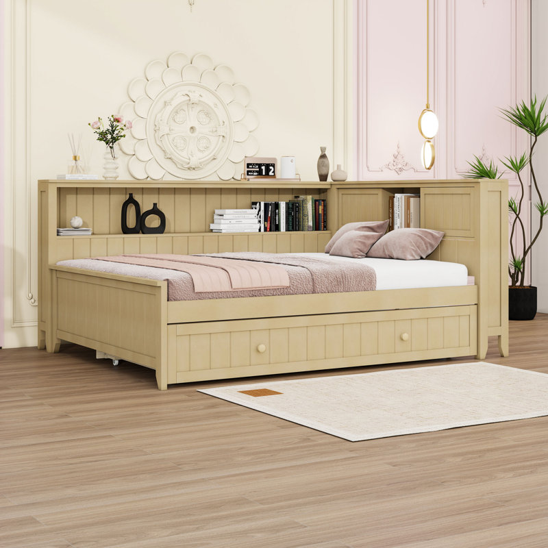 Lit de jour double en bois avec tablettes de rangement et lit gigogne simple