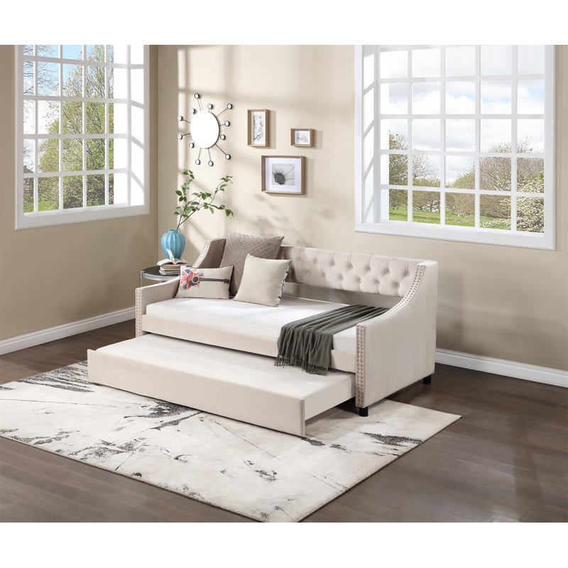 Lit de jour rembourré en tissu Darikson, Beige, Lit simple