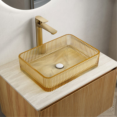 18'' Bathroom Rectangular Crystal Glass Sink Without Faucet, Light Gold Color