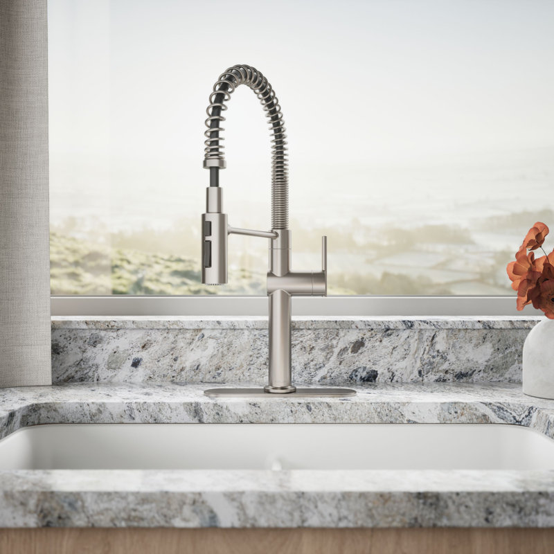 Kohler Crue Single Handle Semi-Professional Pre-Rinse Kitchen Faucet with Three-Function Pull Down Sprayer, Vibrant Stainless