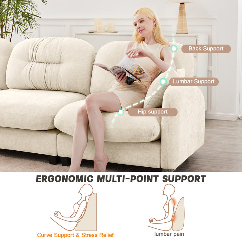 107" Modular Sectional L-Shape Cloud Sofa Chenille Upholstered Couch With Ottoman, Beige