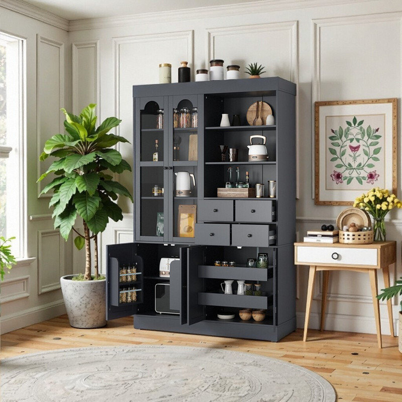 Très grand buffet autoportant de 75 po avec huche - rangement maximisé, 4 tiroirs et portes en verre, Gris