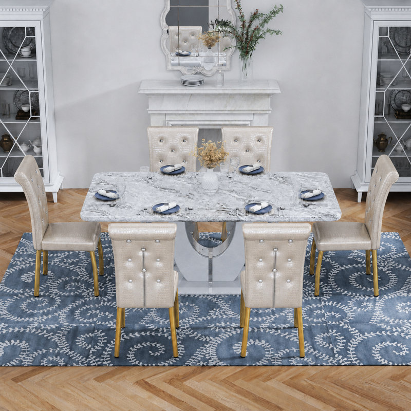Ensemble de table de salle à manger moderne en faux marbre de 63 po avec chaises en similicuir à ressorts, Grey, Beige/or