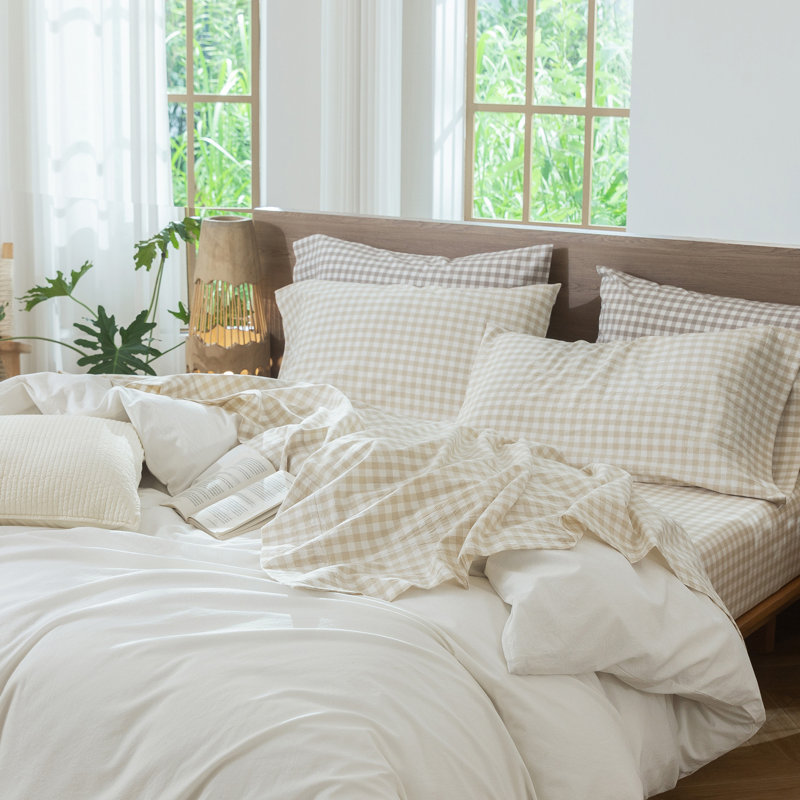 Ensemble de draps 100% coton lavé MooMee, Lait d'amande, gris, Ensemble de draps pour grand lit avec 2 taies d'or