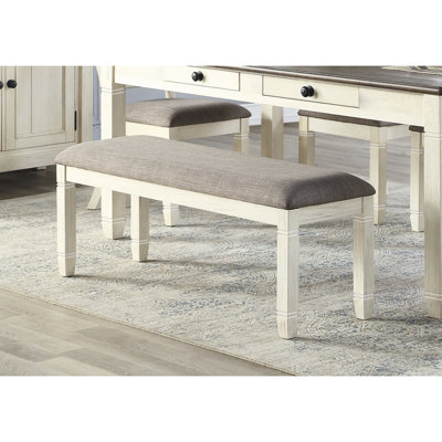 Banc rembourré blanc antique pour salle à manger - siège de 48 po, tissu texturé gris, hauteur de 19,5 po, capacité de 300 lb, cuisine en bois avec finition et poids de siège