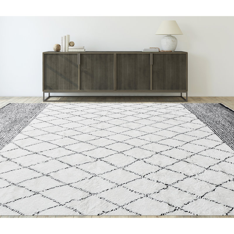 Tapis ivoire et noir noué à la main de haute qualité, Rectangle 8 pi x 10 pi