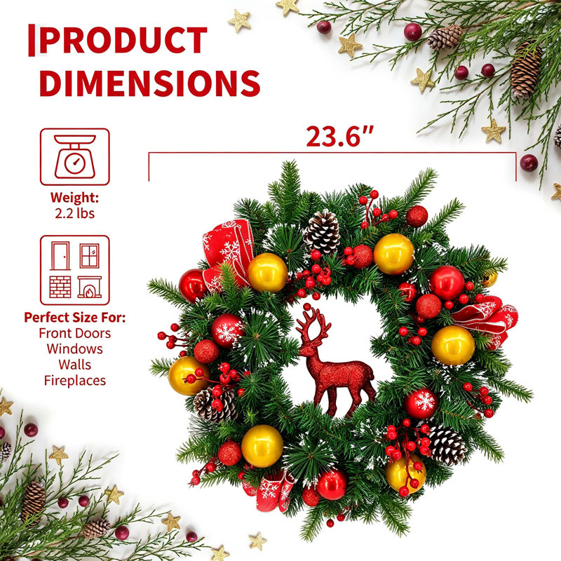 Couronne de Noël pré-éclairée 24 "avec décorations de rennes et de boules de Noël, 20 lumières DEL pour porte d'entrée et manteau de cheminée