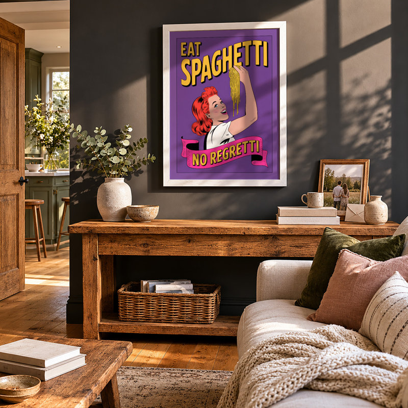 Eat Spaghetti No Regretti Retro - Framed Print, A2 - 59.4 x 42.0 cm, Walnut
