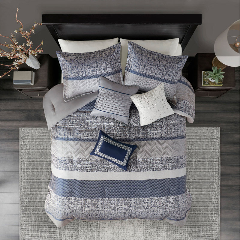 Ensemble d'édredon 7 pièces jacquard bleu marine, Grand édredon et 6 pièces supplémentaires