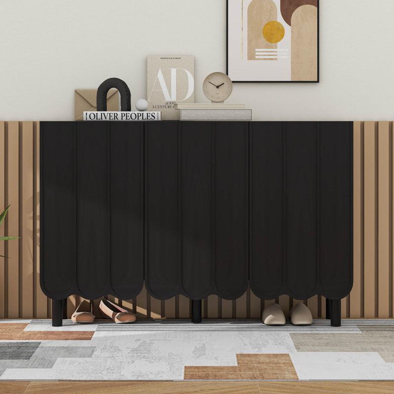 Armoire à chaussures minimaliste avec tablettes réglables, grande armoire de rangement avec portes ondulées, Noir