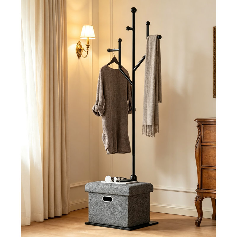 Coat Rack with Storage Box 8 Hooks Marble Base Black, Black/Gray