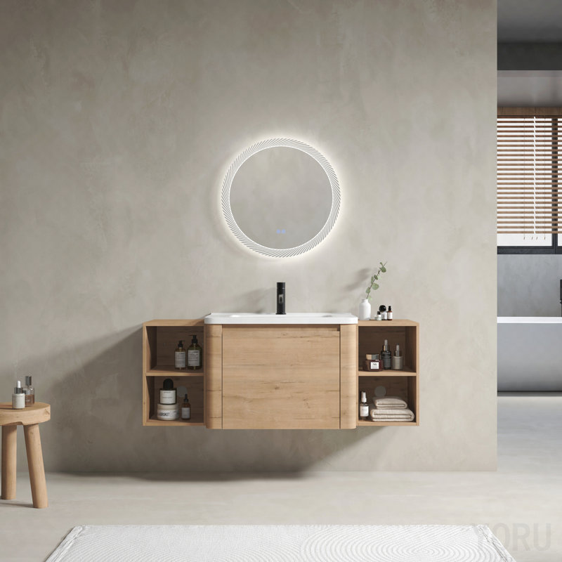 Meuble-lavabo mural 52 po avec lavabo en céramique blanche et tablettes de rangement et 1 porte à fermeture en douceur, emballage Kd, contreplaqué