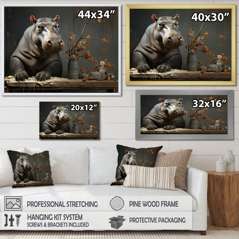 Rivers Guardian 1 - art mural hippopotame, Cadre doré à coins fermés, H 12 po x l 20 po x P 1 po