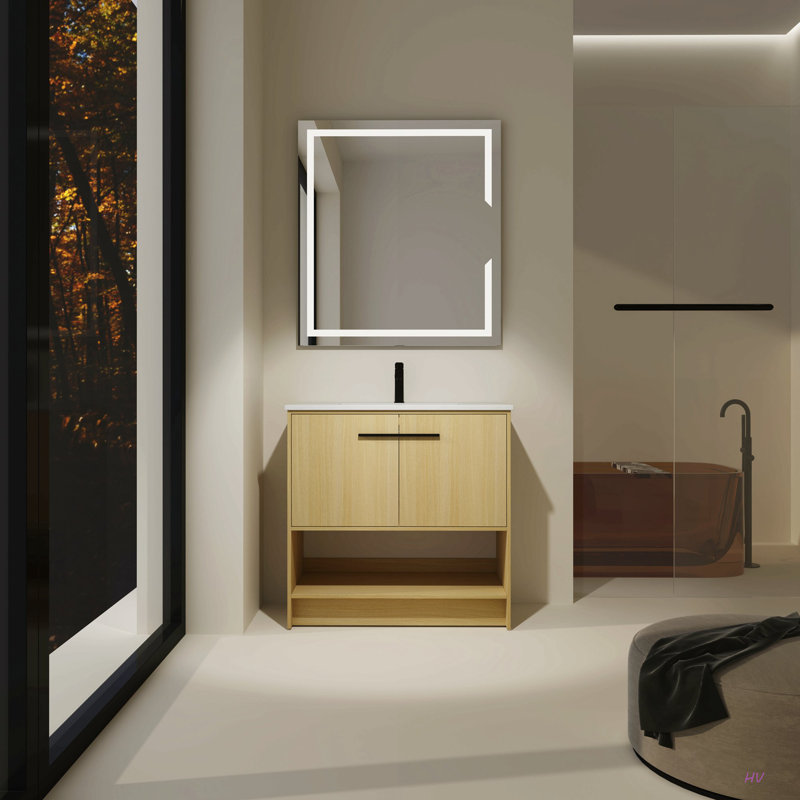 Meuble-lavabo 36 po avec lavabo en céramique, 2 portes à fermeture douce, meuble-lavabo autoportant, contreplaqué, Chêne, 36"