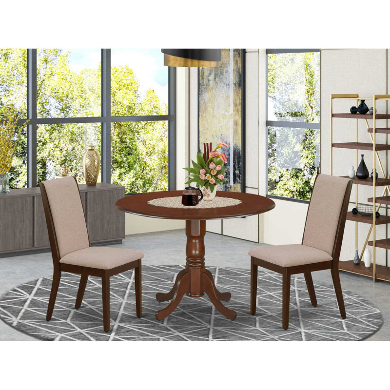 3 Piece Kitchen Table & Chairs Set Contains a Round Dining Room Table with Dropleaf and 2 Light Tan Linen Fabric Upholstered Chairs, 42x42 Inch, Mahogany