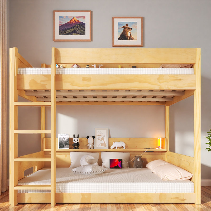 Lit superposé avec tablettes de rangement, ports USB et barrières de sécurité, Bois