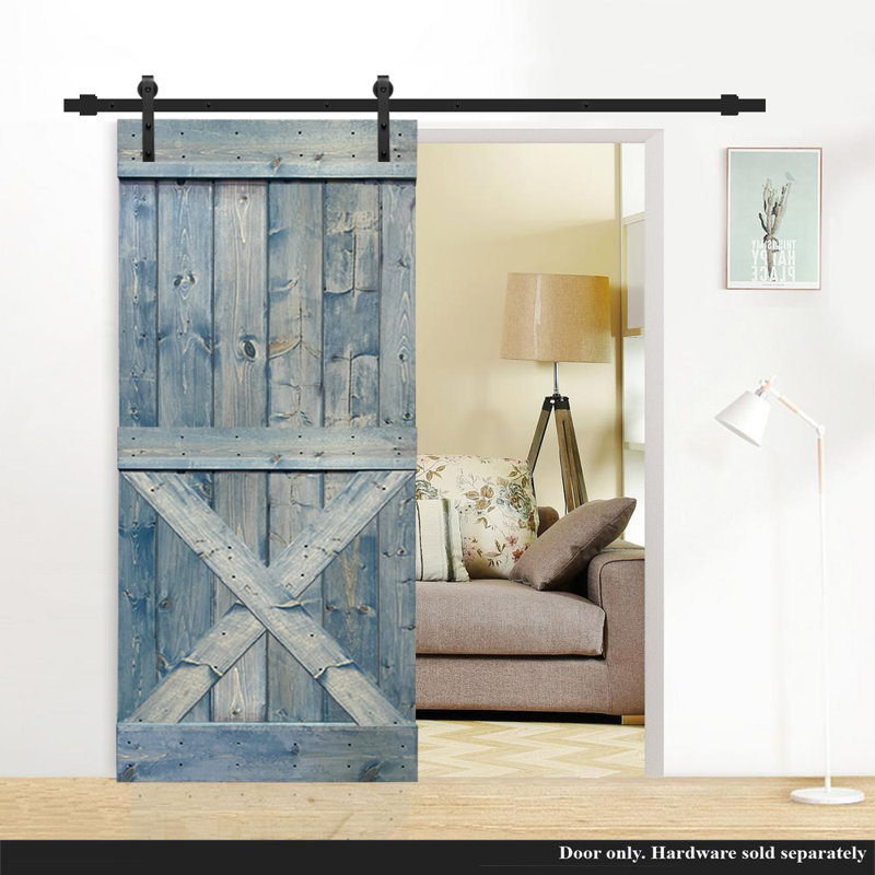 Porte de grange peinte peinte en bois à panneau sans installation de quincaillerie d’installation, 36 po x 84 po, Bleu denim
